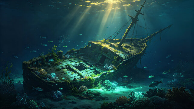 Sunken Wooden Pirate Ship Wreck on the Ocean Floor with Coral Reef and Marine Life