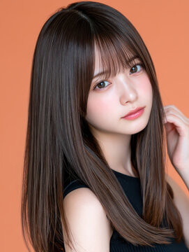 Portrait woman model long straight brown hair bangs beauty studio orange background calm expression