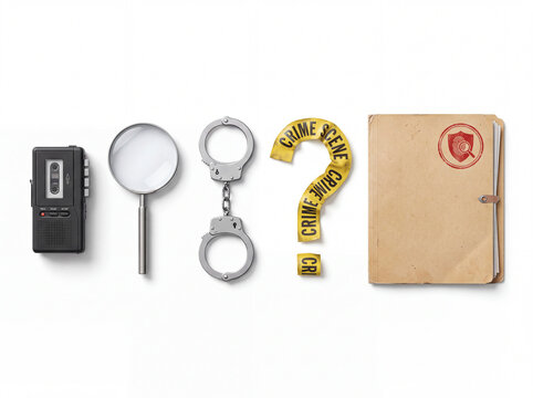 True crime podcast and cold case investigation concept isolated on white background. Flat lay of voice recorder, magnifying glass, handcuffs, crime scene tape in question mark shape, and detective fol