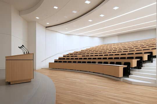 Modern lecture hall with tiered seating, podium, and microphones