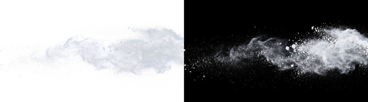 Powder explosion of horizontal dust cloud and flying particles in PNG, Transparent and Black Background Versions for design