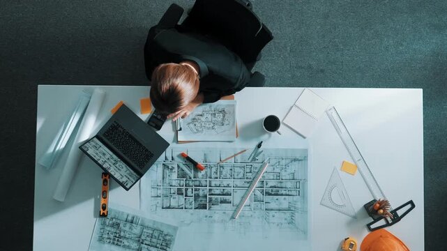 Aerial view of architect drawing while working at laptop. Top down view of caucasian engineer designing blueprint and drafting house model at table with equipment and safety helmet. Alimentation.
