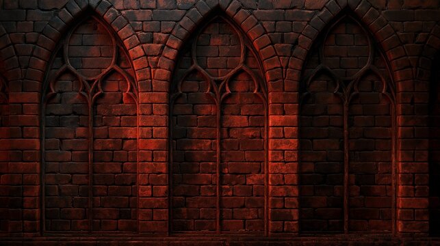 Dark Gothic Brick Wall with Red Illuminated Cathedral Arches