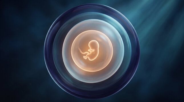 Futuristic scientific visualization of a human embryo within glowing protective layers depicting early embryonic growth and regeneration