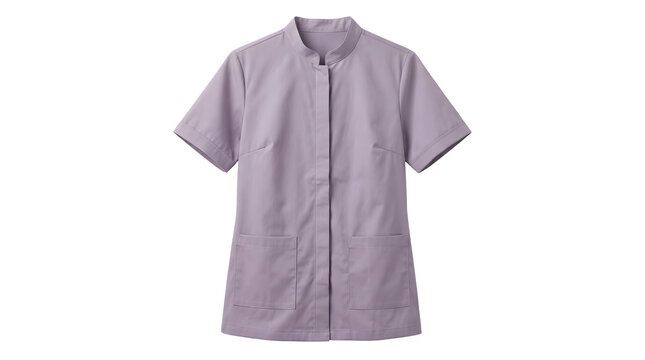 Lavender medical scrub tunic with mandarin collar, professional healthcare uniform for nurses and spa therapists, lilac short sleeve clinical workwear