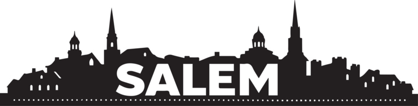 Minimalist black and white graphic illustration of the salem massachusetts city skyline in a distinctive silhouette