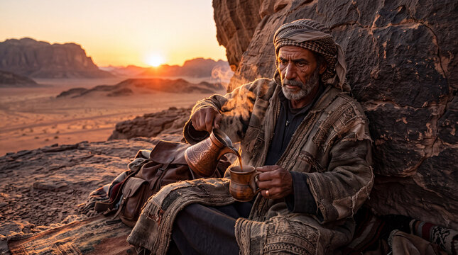 Elderly Bedouin man in traditional clothing pouring hot coffee from a vintage copper pot at sunset against a majestic desert mountain landscape, symbolizing Middle Eastern heritage and hospitality.