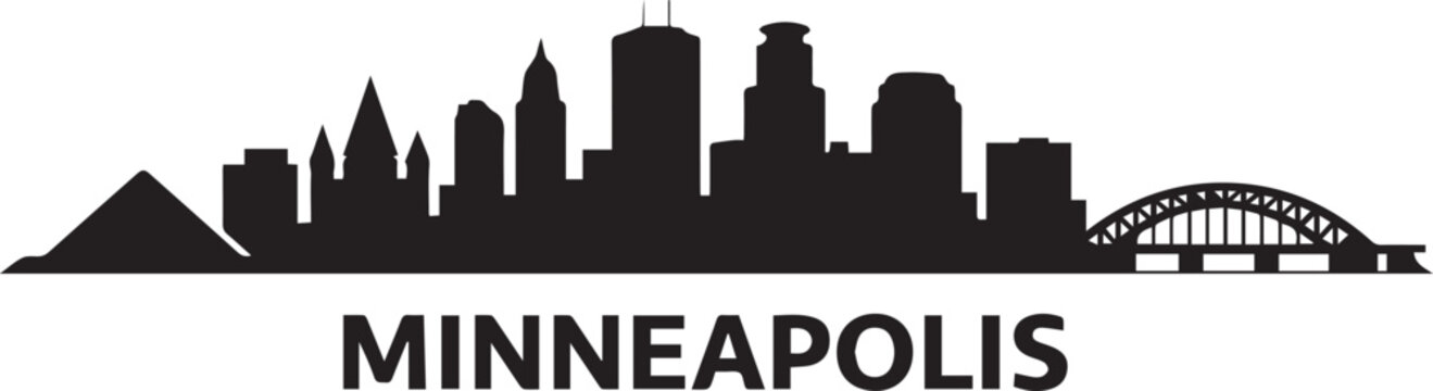 Minimalist black and white graphic illustration of the minneapolis city skyline presented as a clean artistic silhouette