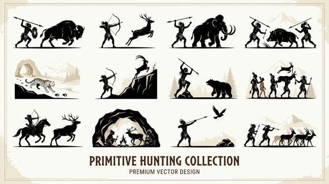 Primitive hunting collection vector silhouettes with bison, mammoth, cave paintings, hunters and campfire for prehistoric and stone age design