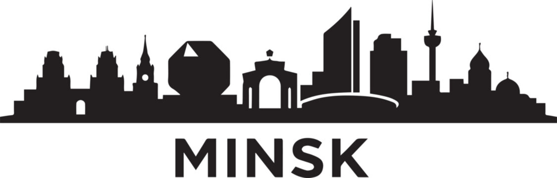 Minimalist black and white graphic illustration of the minsk city skyline featuring a clean artistic urban silhouette