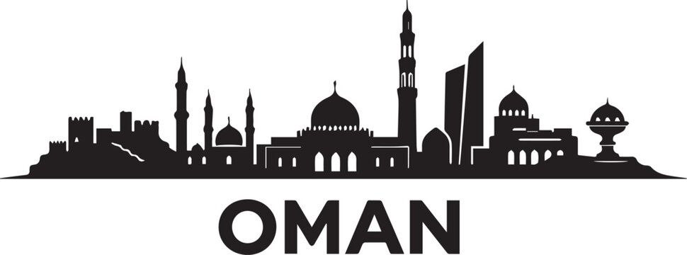 Minimalist black and white graphic illustration of the oman city skyline featuring a distinctive artistic city silhouette