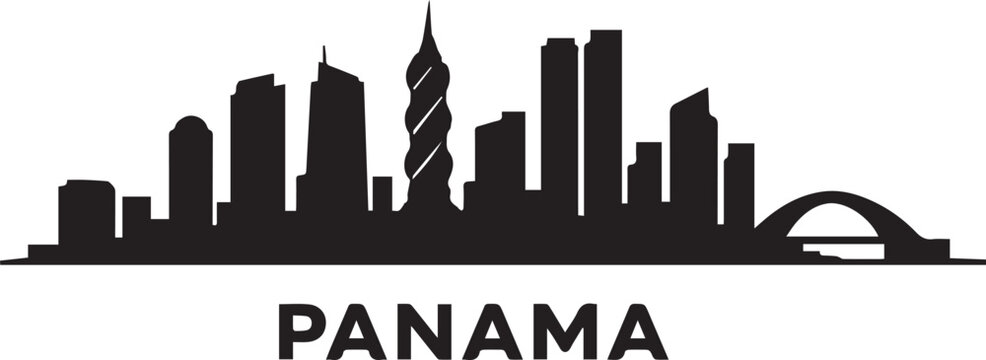 Minimalist graphic design featuring the iconic panama city skyline depicted as a clean black and white silhouette
