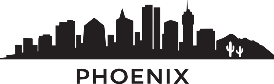 Minimalist black and white graphic illustration of the phoenix arizona city skyline featuring a clean urban silhouette