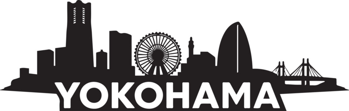 Minimalist black and white graphic illustration of the famous yokohama city skyline featuring a clean artistic silhouette