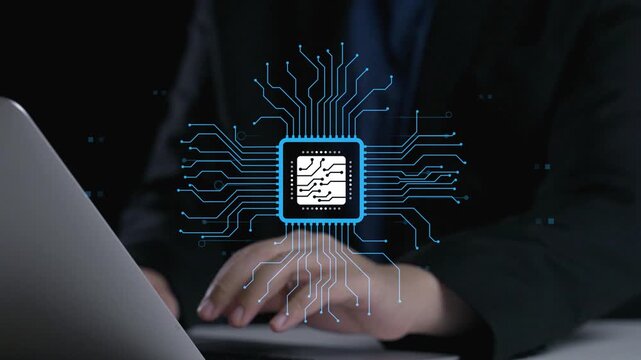 A close-up view of a computer chip surrounded by data connections that symbolize artificial intelligence and digital innovation, showcasing modern technology in action. Qubit