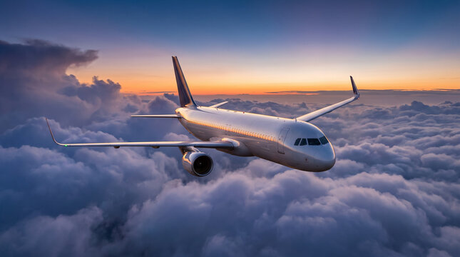 Commercial airplane flying above fluffy clouds during dramatic sunset