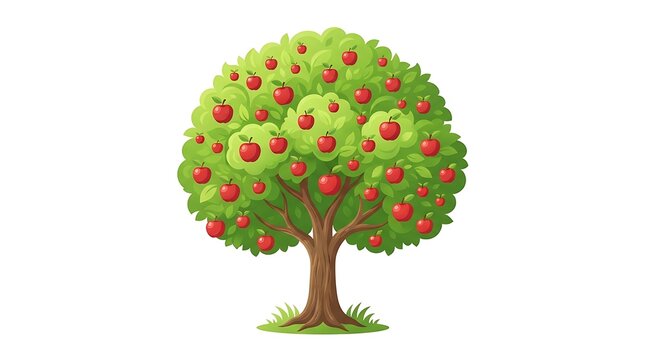 Vibrant green apple tree loaded with ripe red fruits, featuring lush foliage and sturdy trunk against a clean white background