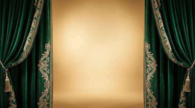 Elegant draperies frame a golden backdrop creating a luxurious and inviting atmosphere perfect for festive celebrations and special occasions