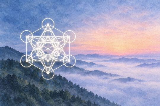 Metatron Cube over Misty Mountain Ridges at Dawn &ndash; Watercolor Illustration with Copy Space