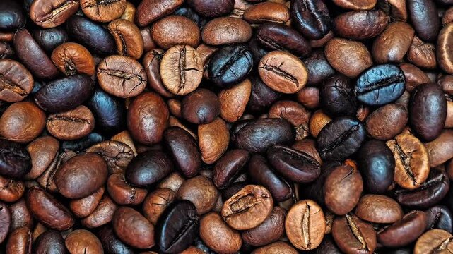 Roasted dark coffee bean closeup macro star anise cinnamon stick spice rotate move