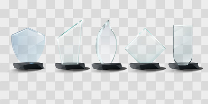Set of diverse crystal glass trophy awards with black podiums on grey background recognition achievement business presentation transparent collection corporate ceremony.