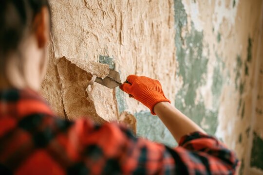 Close-up of a person in an orange glove scraping old wallpaper off a textured wall