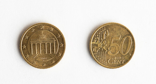 German 50 Euro Cent Coin 2002 with Brandenburg Gate and European Map Isolated on White Background
