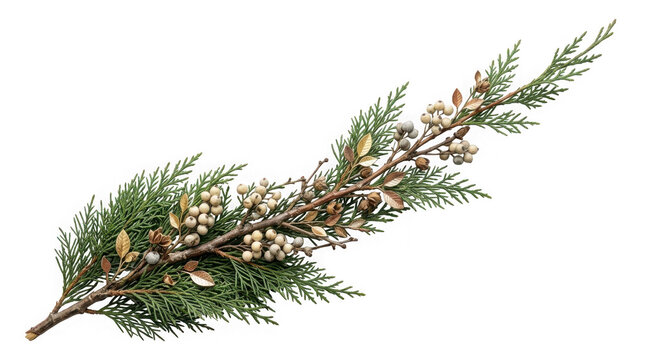 Evergreen cedar branch with white berries and small leaves isolated on transparent background