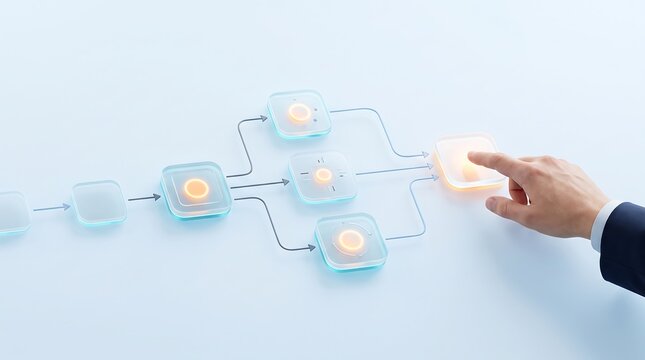 Close up of human hand touching interactive digital flow chart elements for business logic automation and project management software workflow visualization in professional setting