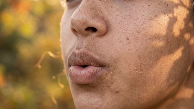 Mixed Ethnicity Teenager Mimicking Bird Call At Sunset