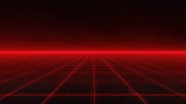 Infinite red grid recedes into a dark horizon