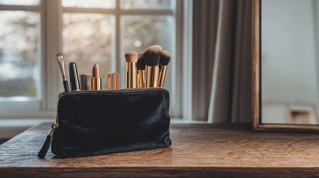 Cosmetic bag with makeup brushes on a table.