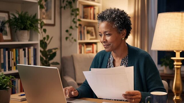 Mature Black woman reviewing financial budget proposal at home