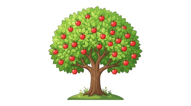 Vibrant green apple tree with ripe red fruit standing isolated on white background, vector illustration