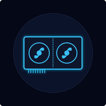 Dual fan graphics card unit with blue glowing light effect icon