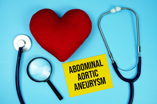 Abdominal Aortic Aneurysm (AAA) text with stethoscope and red heart on blue background
