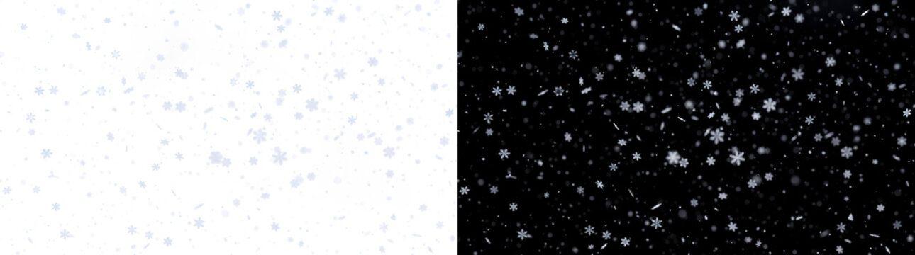 Snow overlay of evenly scattered falling snowflakes across frame in PNG, Transparent and Black Background Versions for design