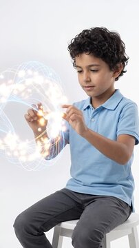 Middle Eastern Boy Studying 3D Optical Wavefront Surface