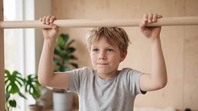 Cheerful Scandinavian Boy Doing Pull Ups Indoor