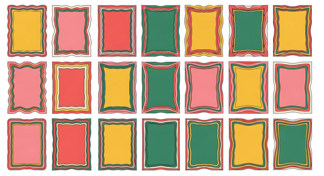Frame Border a Collection of Retro Wavy Frames in a Grid Pattern Featuring Groovy Seventies Aesthetic Borders in Pink Yellow and Green for