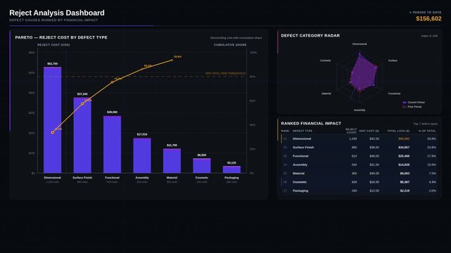 Visualize defect causes ranked by financial impact in a reject analysis dashboard featuring animated charts and data tables with modern glassmorphism effects.