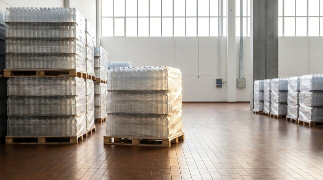 Multiple shrink wrapped plastic water bottle pallets organized neatly on brown tile floor inside bright industrial warehouse with high windows and concrete pillar.
