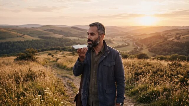 Mature Professional Using Voice Recognition Technology Outdoors at Sunset