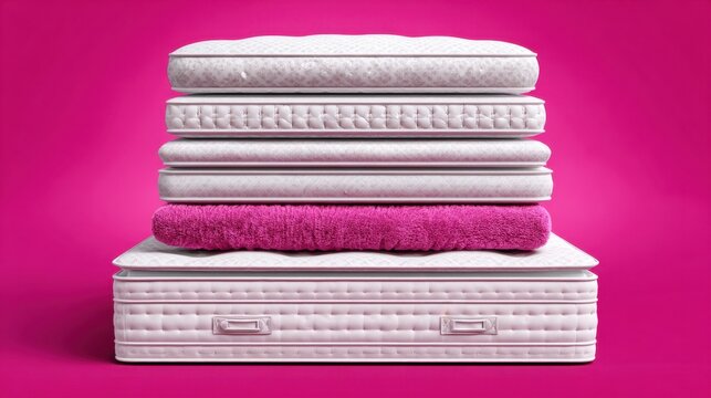 Stacked Mattresses with Soft Textures on Vibrant Pink Background for Cozy Bedroom or Home Decor Inspiration