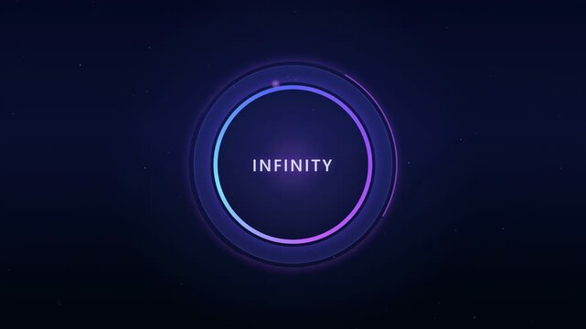 Futuristic glowing neon circle animation with infinity text on dark cosmic space background