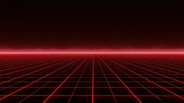 Red grid recedes into dark, hazy horizon