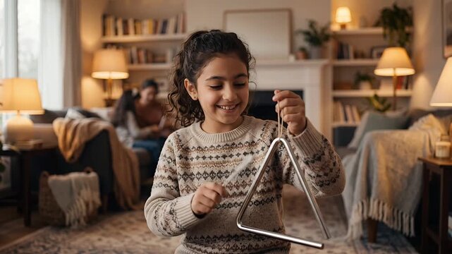 Cheerful Middle Eastern Girl Playing Triangle In Warm Room