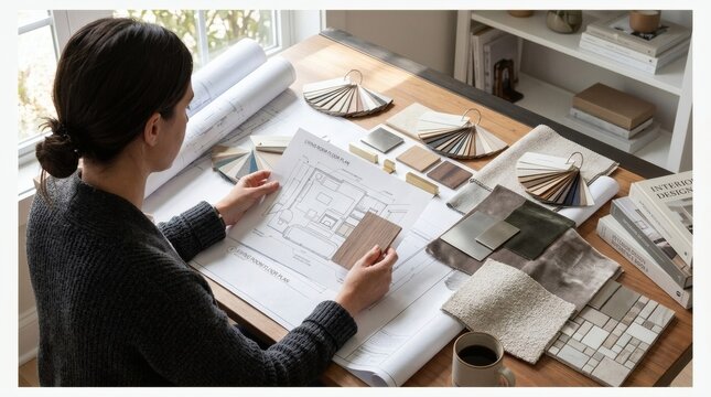 Creative woman interior designer selecting wood and fabric swatches for a modern living room floor plan
