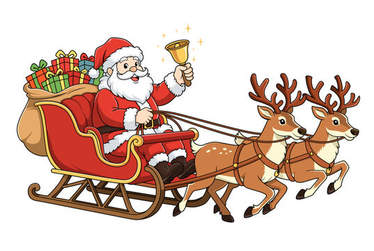 Santa Claus riding a sleigh pulled by reindeer with gifts and bell illustration