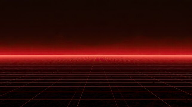 A neon red grid receding into a dark, glowing horizon